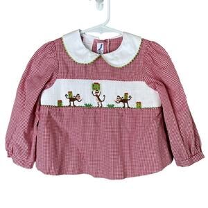 Silly Goose Hand Smocked Christmas Monkey Top Red Gingham Long Sleeve Size 2T